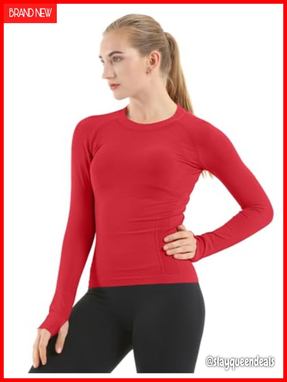 Seamless Long Sleeve Workout Top Thumb Holes Crew Neck Gym Yoga